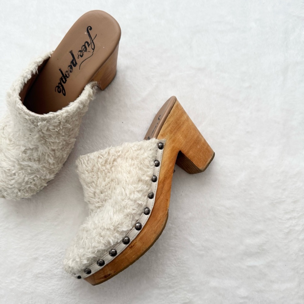 Free People Cream Sherpa Clogs with Wood Heel